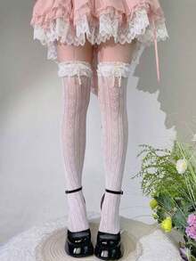 1 Pair Women's Spring/Summer Hollow Heart Net Stockings With Pearl Bow Over-The-Knee Thigh High Socks - White 3 - View 3