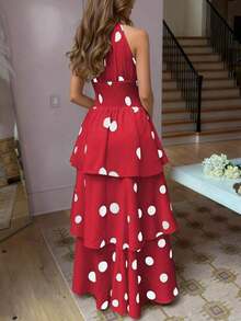 Women's Elegant Polka Dot Sleeveless Shirred Waist Layered Ruffled Dress, Bohemian Style, Spring/Summer - 紅色 - 查看 3