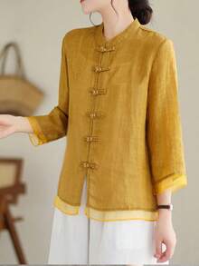 宽松复古中国风七分袖拼接设计衬衫 - 黃色 - 查看 3