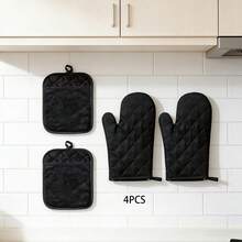 Bộ 4 găng tay và miếng lót nồi chịu nhiệt dùng trong nhà bếp, thiết kế chần bông hai mặt, thích hợp cho việc nướng bánh, nấu nướng, nướng thịt, bộ dụng cụ làm bánh nhà bếp màu đen - Xem 9