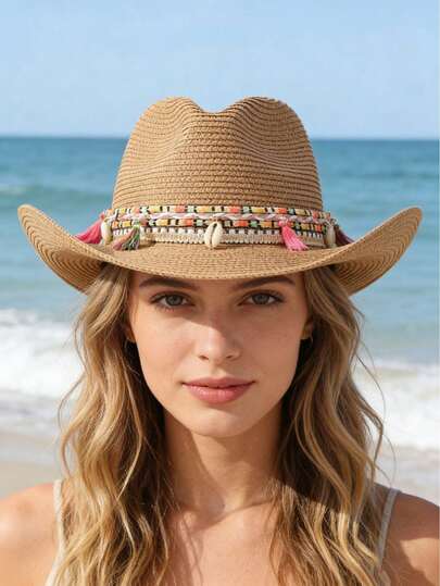 1 chiếc mũ rơm vành rộng dành cho nữ, phù hợp cho cả nam và nữ, chống nắng, kiểu mũ cao bồi miền Tây, thích hợp sử dụng trên bãi biển mùa hè, dễ gấp gọn.