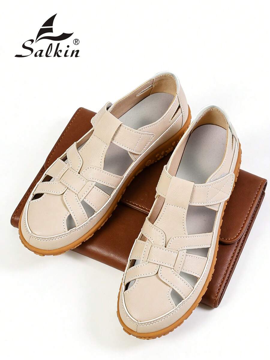 Sandálias femininas de verão com fecho, design minimalista de bico fechado para uso confortável ao ar livre, sapatos baixos sem fecho, adequados para jeans, saias, tamanhos grandes, estilo férias.