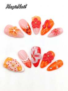 10 miếng móng giả dán thủ công, dài 25mm, hình hạnh nhân, màu trắng vàng, màu đỏ, cánh hoa trắng nổi 3D, hoa đỏ, chấm tròn trong suốt nổi, ngọc trai đính đá. Móng giả mùa xuân dễ thương. - Nhiều màu - Xem 2