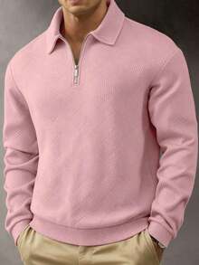Men's Spring & Autumn Casual Polo Shirt With Collar & Zipper| Herringbone Jacquard Knit, Polyester Fabric, Sweatshirt Silhouette, Essential For Vacation & Everyday Casual Wear, Great Boyfriend Gift (Note!European & American Sizes Run Larger, Choose One Size Down Based On Your Body Type) - 灰色 - 查看 9