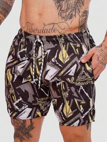 Men's Basic Blue Foliage Shorts In Tactel Fabric With Pockets And Drawstring - Ideal For Beach, Training, And Running. - Geometric Yellow/Black - View 1