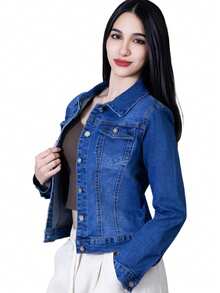 Chaqueta Clásica de Tela de Mezclilla para Mujer con Botones Metálicos y Bolsillos Frontales, Prenda Versátil de Corte Ajustado y Costuras Reforzadas para un Estilo Casual y Moderno - Azul HQV01 - Ver 11