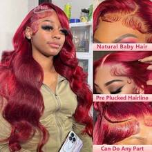 34 Inch 250% Density Burgundy Lace Front Wigs Human Hair 13x4 99j Body Wave Lace Front Wigs Human Pre Plucked Red Wig 99j Burgundy Lace Front Wigs Human Hair Wigs For Women - S99J - 查看 7