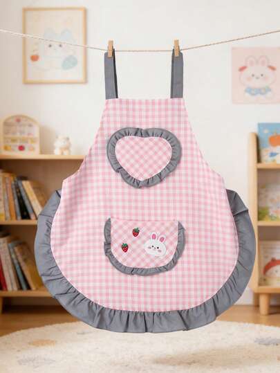 1件粉白格子围裙，灰色蕾丝花边，儿童无袖围裙，带兔子草莓口袋，公主风可调节肩带，烹饪清洁防护罩，摄影道具，防水防污厨房烘焙绘画艺术用餐罩衫，厨房必备