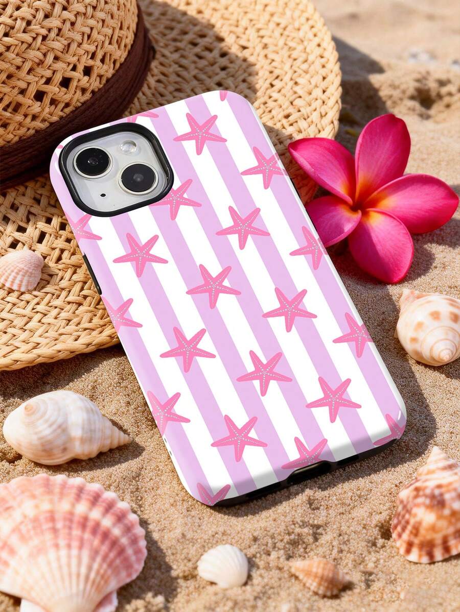 Ocean 1pc Summer Girl Fresh Sweet Striped Starfish Pattern Glossy 2-In-1 Filmic Hard Phone Case Compatible With Samsung/ 11/12/13/14/15/16/17 Pro Max - Multicolor - View 1