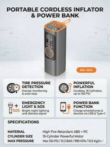 Bộ kích nổ ắc quy ô tô công suất cao, máy nén khí ô tô, bộ sạc đa năng 2 trong 1, tích hợp bơm lốp kỹ thuật số 150 PSI, đèn pin LED, thiết kế búa an toàn, cấu trúc chắc chắn, bao gồm nhiều đầu nối | Dụng cụ khẩn cấp cho xe | Màu cam nổi bật | Hộp đựng - Không dây - Xem 10