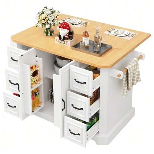 Mobile Kitchen Island, Kitchen Unit, Kitchen Trolley With 2 Doors And 6 Drawers, With Wheels, (120x45(75)X91 Cm), White/Black - White - View 1
