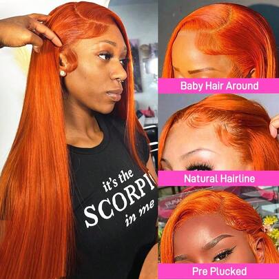 34inch Ginger Orange Straight Lace Front Wigs Human Blended Hair With Baby Hair 13x4 HD Lace Frontal Wig Blended Human Hair Pre Plucked Brazilian Virgin Silky Straight Human Hair Blended Wig Natural Hairline 200 Density Ginger Color Glueless Wigs For Women
