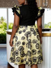 Robe élégante noire en jacquard pour femme, col en forme de cœur avec manches à volants, ourlet évasé, robe de soirée - Noir - Voir 2