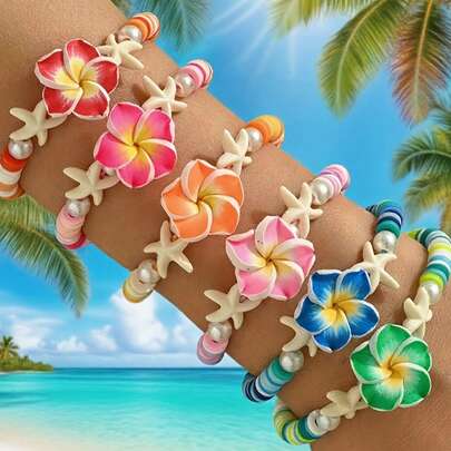 3件套波西米亚风夏季度假风软陶花朵贝壳编织手链 - 清新多彩软陶花朵可调节二合一手链/脚链，饰以仿珍珠，适合情人节、母亲节、海滩度假等场合，花朵贝壳手链，日常礼物