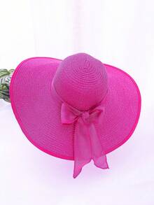 1 Pc Solid Color Casual Elegant Bohemian Straw Bow Wide Brim Round Top Sun Hat, UV Protection, Wind Proof, Decorative Strap, Fashionable, Versatile, Suitable For Commuting And Vacation, All Seasons - Round Straw Hat - View 37