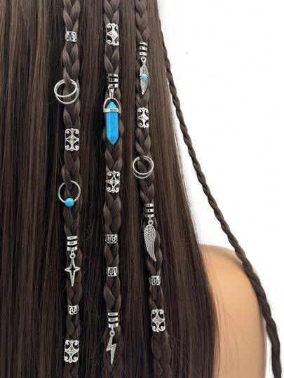 Bộ phụ kiện tóc đính hạt ngọc lam 46 món, kẹp tóc, vòng và dây buộc tóc phong cách hippie dành cho nữ, thích hợp để tết tóc.