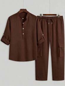 2pc Set Men's Casual Stand Collar Button Front Long Sleeve Loose Breathable Lightweight Shirt And Solid Color Pants, Practical Outfit For Outdoor Commute, Spring & Summer,Fall Clothes, Cozy Outfits - 咖啡棕 - 查看 2