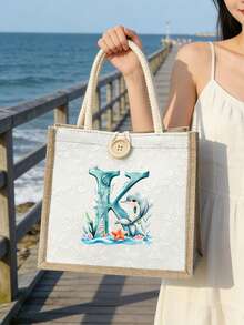 1pc Linen Handbag With Cute Dolphin Letters A-Z, Ditsy Floral Linen Button Decorative Handbag, Portable Travel Beach Handbag, Swimming Gear Storage, Button Embellished Handbag, Simple Large Capacity Handbag, Portable Casual Storage Handbag, Multifunctional Shopping Bag, Gifts For Family, Friends, Loved Ones, And Teachers, Unique Birthday Gifts, Holiday Gifts, Party Gifts, Mother's Day Gifts, Wedding Gifts, Back-To-School Gifts - Multicolor - View 3
