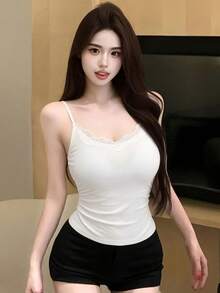 Sexy V-Neck Lace Patchwork Camisole Backless Spaghetti Strap Tank Top For Women, Spring Casual White Summer - White - View 3