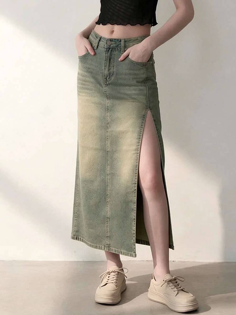 女士中腰纯色中长开衩休闲牛仔裙，春夏款