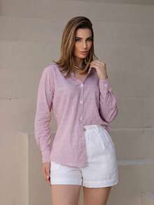 Women's Striped Cotton Linen Dress Shirt, Long Sleeve, Casual, Chic, Elegant, For Work, Travel, Office, Sophisticated - 玫瑰 - 查看 6