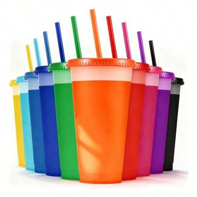 10 / 20 Vasos Mágicos que Cambian de Color con Frío 710 ml con Tapa y Popote, Vasos Reutilizables de Plástico PP para Bebidas Frías, Vasos con Cambio de Color para Fiestas, Eventos y Reuniones, Vasos de Colores con Tapa a Presión y Popote Antiderrames, Vasos Grandes Resistentes para Agua, Jugos y Refrescos, Ideales para Hogar, Oficina, Cumpleaños y Celebraciones, Diseño Práctico, Ligero y Duradero para Uso Diario