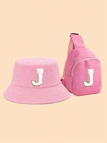 2件套儿童粉色26字母渔夫帽+斜挎包，可爱个性化拍照沙滩帽，轻便时尚日常户外遮阳帽 - 粉色 - 查看 6