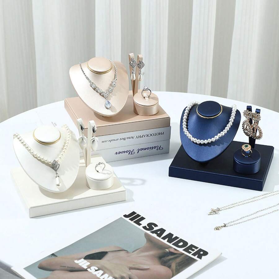 Combination Set Of Jewelry Stands, Leather Jewelry Trays, Multi-Purpose Stands For Jewelry Stores, Rings, Bracelets, Necklaces, Earrings. - Green Brushed Leather - View 1