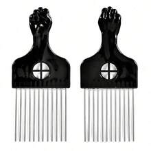 2 piezas Peine de metal afroamericano, negro, 2 piezas surtidas, de dientes anchos, diseño clásico de puño negro, adecuado para estilos de cabello rizado y afro - Negro - Ver 1