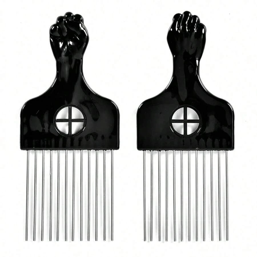 2 piezas Peine de metal afroamericano, negro, 2 piezas surtidas, de dientes anchos, diseño clásico de puño negro, adecuado para estilos de cabello rizado y afro - Negro - Ver 1