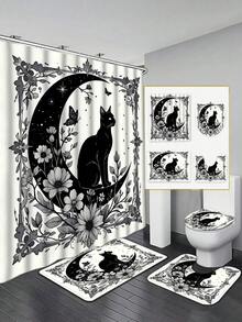 Bộ 1/4 rèm tắm hình mèo và trăng khuyết, họa tiết hoa và bướm, kích thước 70.8x70.8 inch, kèm 12 móc treo. - A - Xem 18