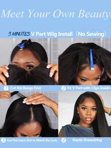 180%密度V型分缝真人发假发 水波纹V型分缝真人发假发 女士巴西原生发V型分缝假发 真人发V型假发 无留发水波纹卷发假发 无胶全头夹式半头假发 - Natural Black - 查看 6