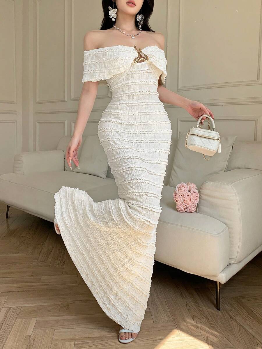 Đầm dài ôm sát cơ thể màu mơ thanh lịch, lãng mạn, trễ vai, dây mảnh, xếp ly, bèo nhún dành cho nữ, thích hợp cho tiệc tùng, dạ hội, lễ tốt nghiệp, mùa lễ hội, mùa cưới, mùa nghỉ mát, mùa xuân hè. - Màu be - Xem 1