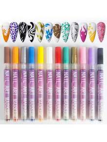 12pcs Nail Art Painting Pens, 0.5mm Acrylic Paint Markers, Waterproof Nail Polish Pens, Quick Dry Dotting Tools, Detailed 3D Nail Art Markers, Suitable For Home And Salon DIY, Durable And Rich In Details - Multicolor - View 10