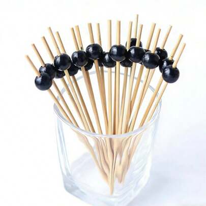 Black Beaded Cocktail Picks, 4.72" Bamboo Decorative Cupcake Fruit Skewers, Ideal For Appetizers, Drinks, Foods, Perfect For Parties, Christmas, Carnival, Birthdays