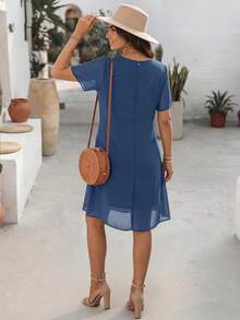 Đầm chiffon nữ thanh lịch, kiểu dáng thường ngày, màu trơn, tay ngắn, cổ tròn, dáng suông xếp ly, eo rộng, thoáng mát và mềm mại, phù hợp cho công sở, dự tiệc và mặc hàng ngày, mùa thu/đông/hè. - Màu xanh lam - Xem 6