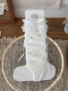1 đôi tất giữ ấm chân kiểu Lolita, chất liệu ren nơ, kiểu dáng tất giữ ấm chân có quai giữ chân lấy cảm hứng từ giày ba lê. - trắng - Xem 6