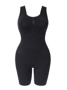 1pc Plus Size Women Slimming Waist Seamless Jumpsuit, Black Body Shaper Enhances Bust, Tummy Control, High Waist Bodysuit - Black - View 8
