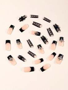 Y2K Dark Gothic False Nails, 24Pcs Medium Square Black French Design With Cross Stud Details, Smooth Reusable Nail Art For Streetwear & Holiday Looks - Nhiều màu - Xem 4