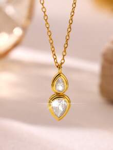 Fashion Minimalist Zirconia Necklace Oval Round Electroplated Pendant Necklace Copper Long Clavicle Necklace Jewelry - Yellow Gold - View 3