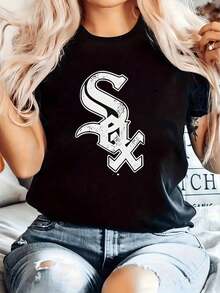 Summer Clothes Chicago White Sox Vintage Print Round Neck Short Sleeve T-Shirt,220g 100% Cotton T-Shirt,Summer Clothes, Women's Tops, Casual And Comfortable, Fashionable T-Shirt, Unisex Style Tops - màu đen - Xem 7