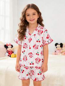 Disney 两件套少女衬衫套装 - 可爱卡通米妮和樱桃印花衬衫和短裤，适合休闲外出、度假、海滩、派对、户外活动、生日、礼物 - 粉色 - 查看 1