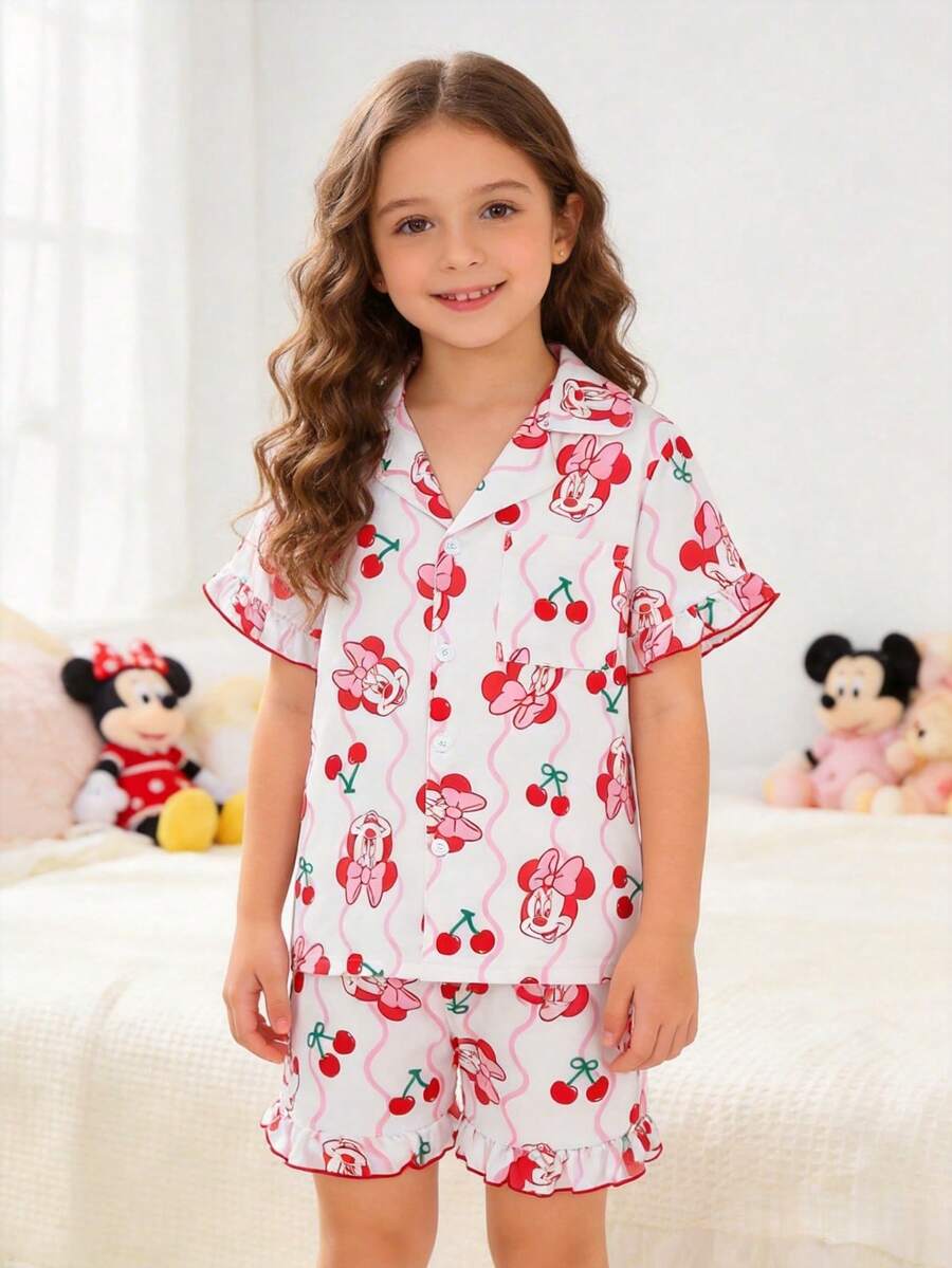 Disney 两件套少女衬衫套装 - 可爱卡通米妮和樱桃印花衬衫和短裤，适合休闲外出、度假、海滩、派对、户外活动、生日、礼物 - 粉色 - 查看 1