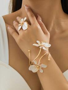 1 Piece Ombre Floral Bangle + 1 Piece Petite Flower Ring, 2pcs/Set For Women - Flower Shape - View 12