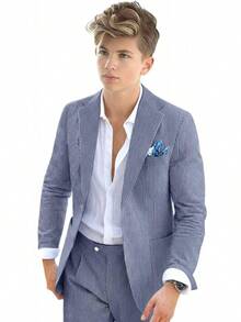 Boys Seersucker Suit 2 Piece Tuxedo Striped Blazer & Pants Summer Beach Wedding Formal Outfit - Navy Blue - View 12