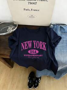 3 chiếc áo thun nữ tay ngắn cổ tròn mùa hè, chủ đề thành phố Mỹ cổ điển, BROOKLYN, NEW YORK, LOS ANGELES, in chữ tối giản, màu trắng thường ngày - trắng - Xem 6