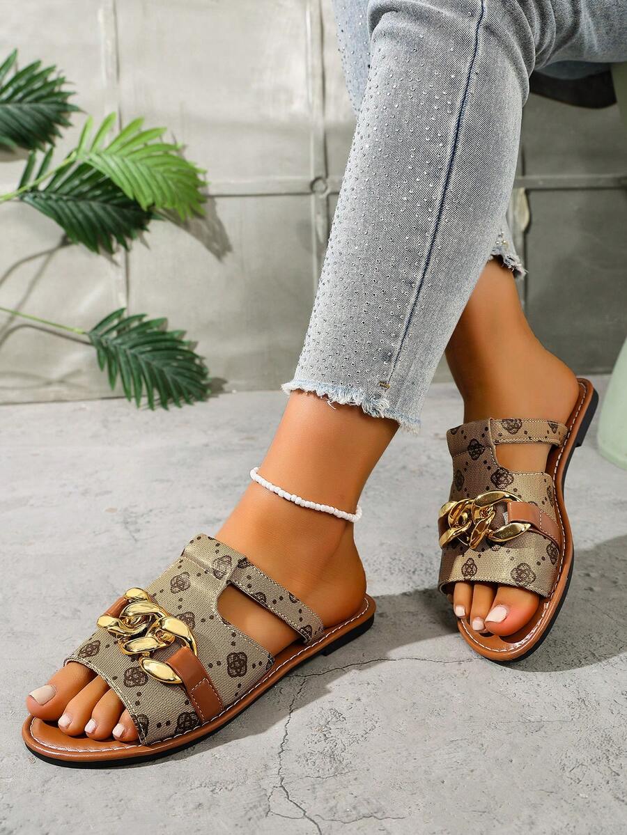Women's Fashion Versatile Slippers, Minimalist Floral Pattern Round Toe Flat Slides, Indoor Outdoor Viral New Slippers In Black, Pink, Apricot - Camel - View 1