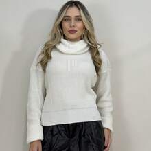 Blusa de Tricot Gola Boba Lançamento Feminino Inverno Manga Longa Elegante de Frio Gola Alta Trico - Branco - Visão 6
