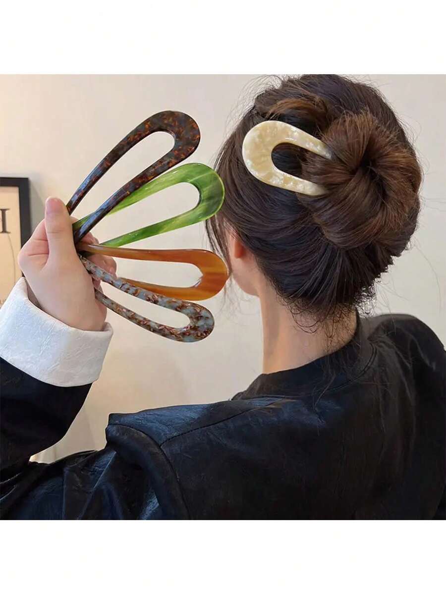 1/5个复古U型发叉，醋酸发夹，发髻发簪，发饰，颜色随机（深色或浅色），夏季，假日，旅行，发型设计发夹 - 彩色 - 查看 1