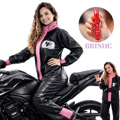 Capa de chuva feminina motoqueira motociclista impermeavel detalhes rosa em PVC Marca Pantaneiro